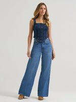 Wrangler Womens Bustier Denim Vest Dark Denim button front closure on structured denim