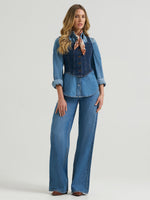Wrangler Womens Bustier Denim Vest Dark Denim sleeveless cut worn as a top or layering piece cowgirl