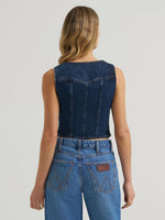 Wrangler Womens Bustier Denim Vest Dark Denim solid dark wash blue denim finish ranch wear