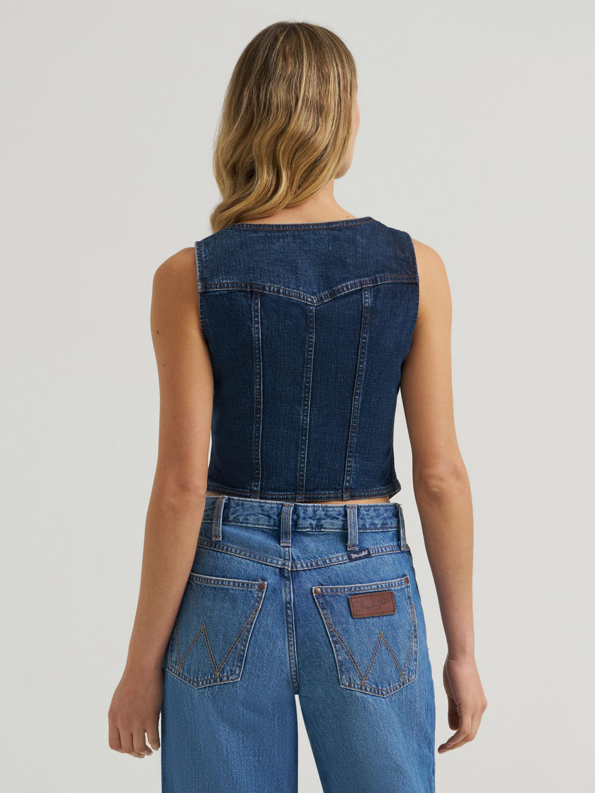 Wrangler Womens Bustier Denim Vest Dark Denim solid dark wash blue denim finish ranch wear