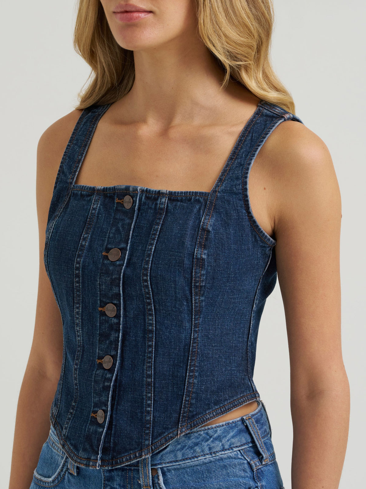 Wrangler Womens Bustier Denim Vest Dark Denim denim vest styled for rodeo weekends and concerts Kamas Utah