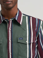 Mens Wrangler Vintage Snap Stripe Shirt Green 112385788 rodeo western striped pearl snap long sleeve shirt Bolt Ranch Store