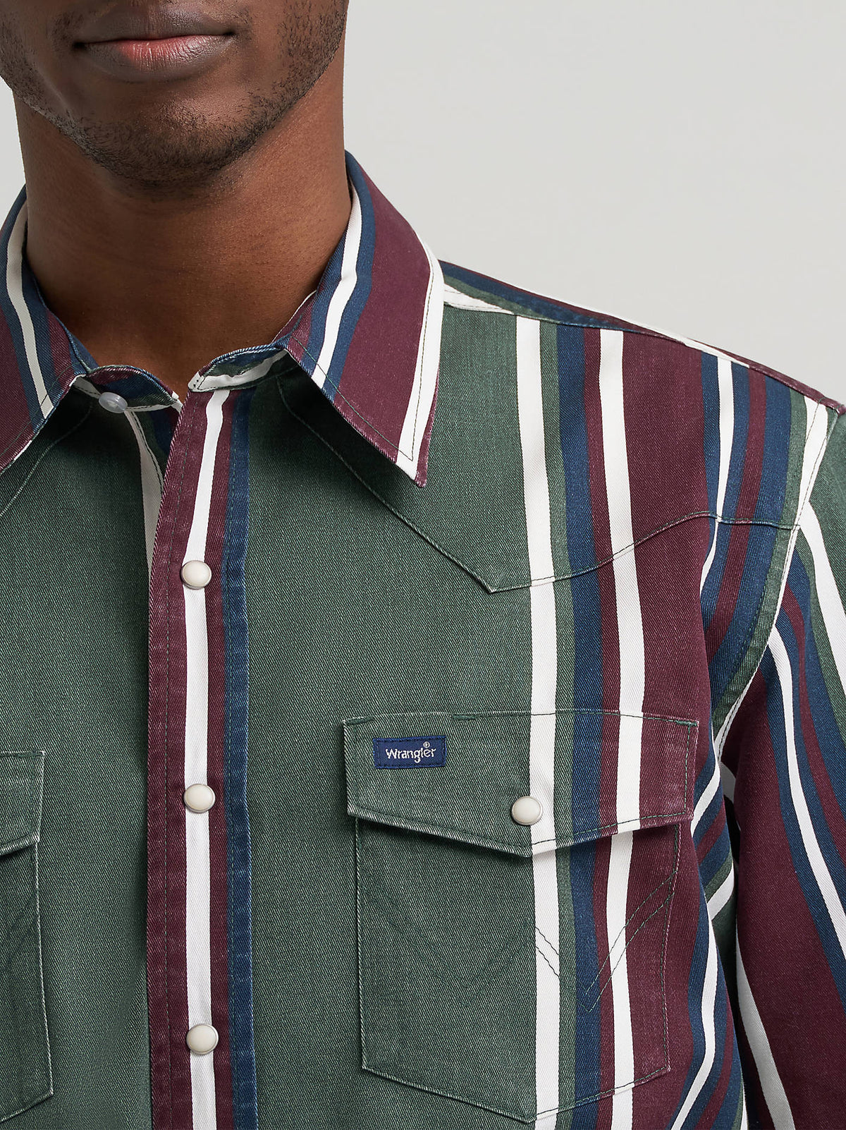 Mens Wrangler Vintage Snap Stripe Shirt Green 112385788 rodeo western striped pearl snap long sleeve shirt Bolt Ranch Store