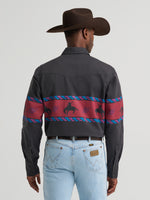 Wrangler Mens Vintage Inspired Horizon Stripe Western Snap Shirt Obsidian full snap front and two flap chest pockets with signature W stitching and three snap cuffs cowboy western fashion