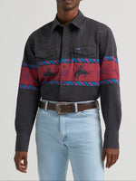 Wrangler Mens Vintage Inspired Horizon Stripe Western Snap Shirt Obsidian obsidian cotton western shirt with bold horizon stripe border print mens western clothing Utah SKU 112385790