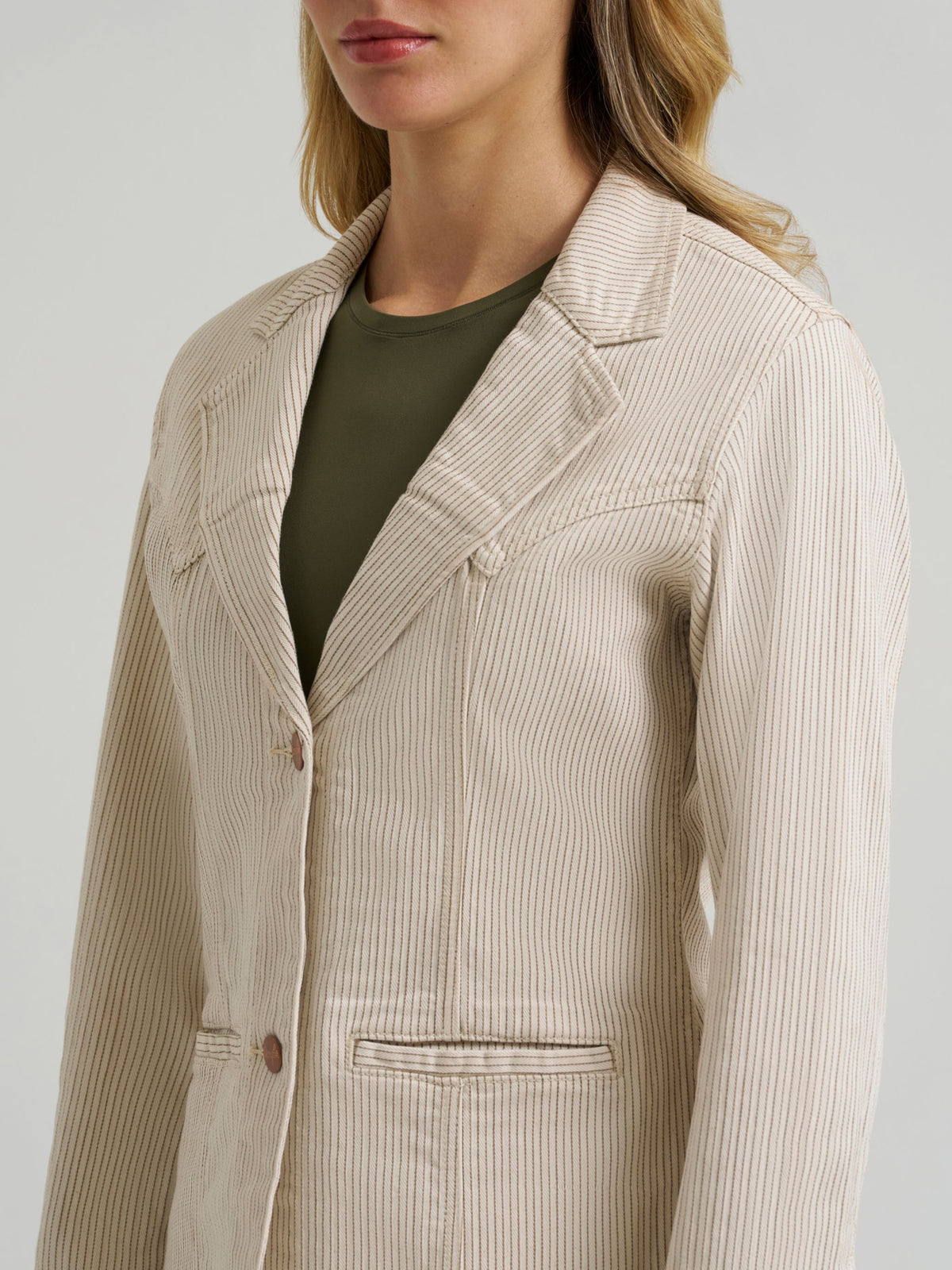 Wrangler Womens Western Pinstripe Blazer Cream two lower welt pockets and two button cuffs