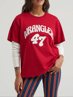 112387183 Wrangler Womens Bubble Girlfriend Graphic Tee at boltranchstore.com in stock free shipping A woman modeling a red Wrangler 47 graphic t-shirt 