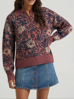 Wrangler Womens Ranch Polo Sweater Mystic Floral SKU 112387593 a quarter button up in a maroon, blue and beige floral pattern.