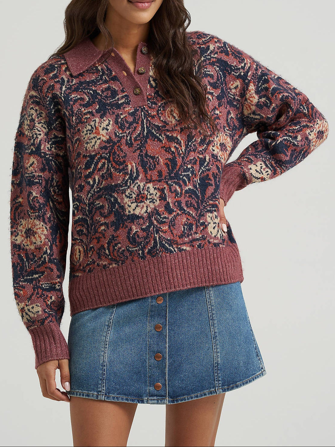Wrangler Womens Ranch Polo Sweater Mystic Floral SKU 112387593 a quarter button up in a maroon, blue and beige floral pattern.