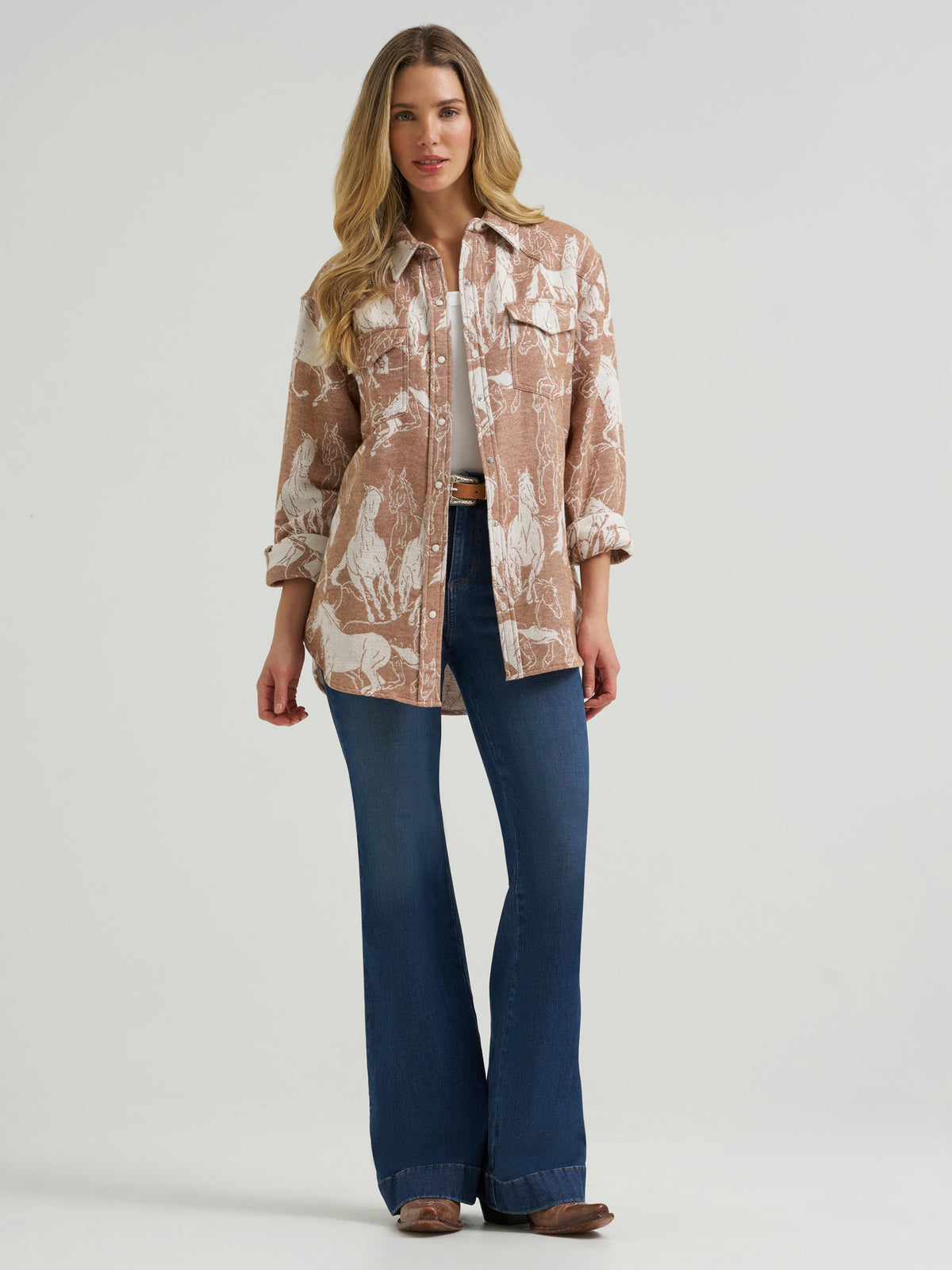 Wrangler Womens BESPOKE High Rise Trouser Jean Brooklyn high rise slim thigh and wide trouser leg styled with a printed snap shirt western fashion