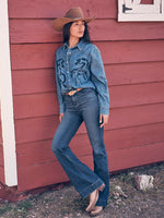 Wrangler Womens BESPOKE High Rise Trouser Jean Brooklyn deep blue stretch denim trouser jean with chambray western shirt womens western boutique Utah SKU 112387892