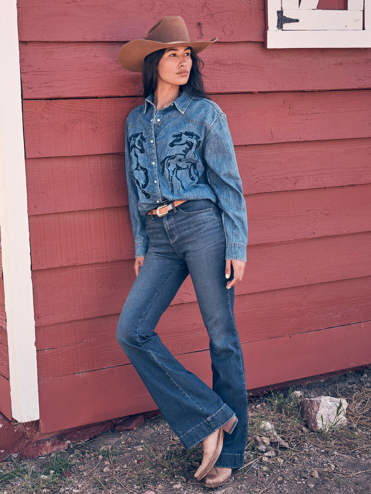 Wrangler Womens BESPOKE High Rise Trouser Jean Brooklyn deep blue stretch denim trouser jean with chambray western shirt womens western boutique Utah SKU 112387892