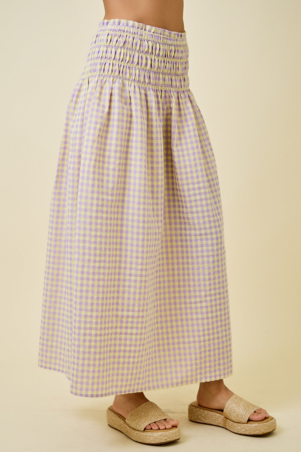 Gingham Smocked Waist Midi Skirt