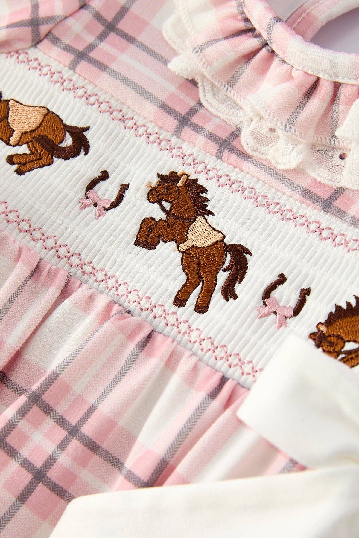 Western Horse Smocked Plaid Romper