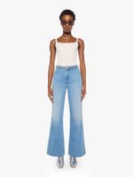 11686-1230-TDK Mother The Braided Hustler Roller Sneak at boltranchstore.com in stock free shipping light blue wide-leg denim jeans with silver fringe detailing along the outer braided , 