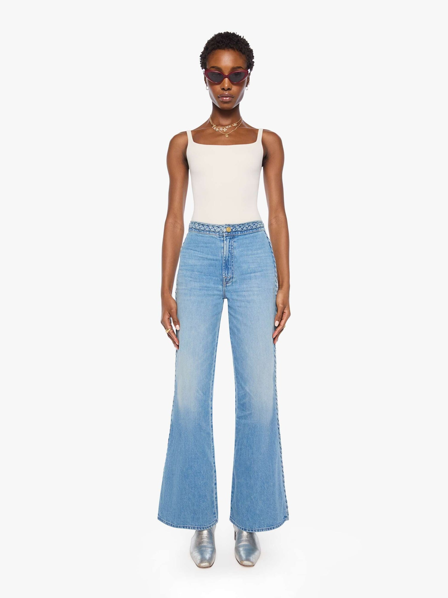 11686-1230-TDK Mother The Braided Hustler Roller Sneak at boltranchstore.com in stock free shipping light blue wide-leg denim jeans with silver fringe detailing along the outer braided , 