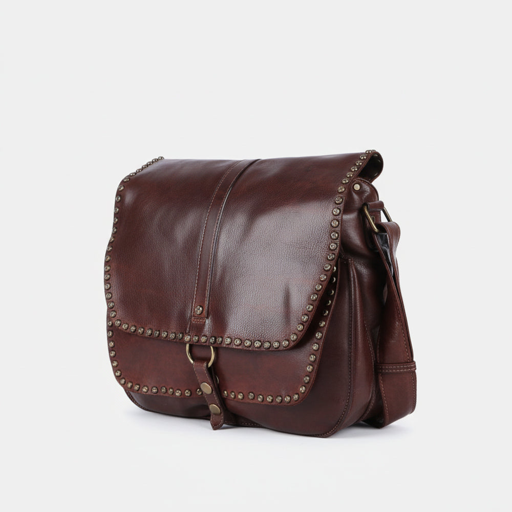 American Darling Vintage Inspired Studded Crossbody dark brown vegetable tanned full grain leather saddle style crossbody womens western boutique Utah SKU SWC157BBRN