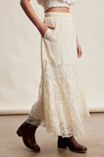 Listicle Lace Tiered Maxi Skirt embroidered floral lace panels finished with a scalloped lace hem womens western clothing