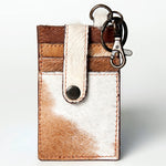American Darling Genuine Cowhide Leather Keychain Cardholder Wallet Snap Closure white caramel and chocolate hair on cowhide card holder with key clip western clothing Utah SKU ADCCZ101