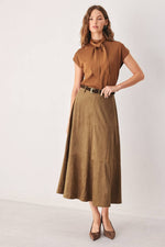 Flying Tomato Faux Suede Midi Circle Skirt soft polyester and spandex faux suede for fall ranch wear