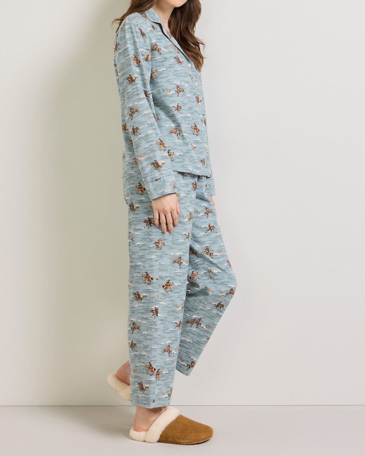 Pendleton Womens Cowboy Print Flannel Pajama Set button front top with notched collar and bias set chest pocket womens western clothing