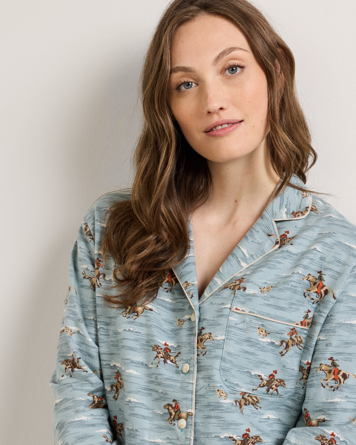 Pendleton Womens Cowboy Print Flannel Pajama Set matching bottoms with adjustable drawstring waist and side seam pockets cowgirl loungewear