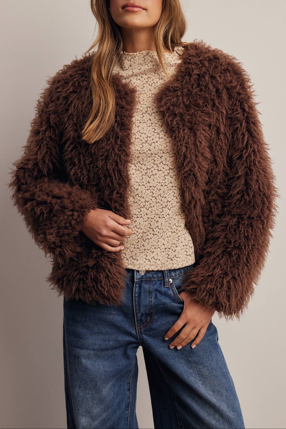Listicle Shaggy Faux Fur Jacket collarless round neckline with open front and hidden hook and eye closure western fashion