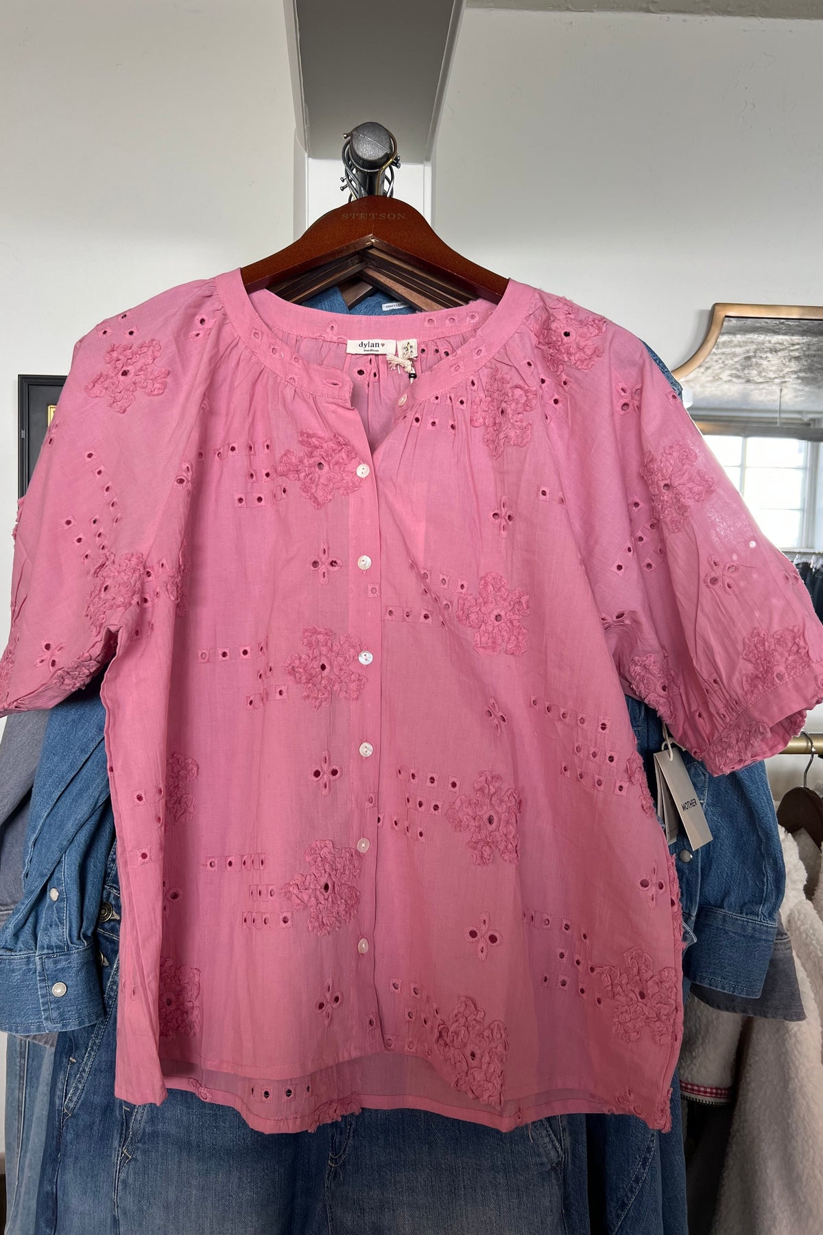 pink eyelet blouse with floral embroidery button up puff sleeve 100% cotton Dylan clothing light summer top shirt boltranchstore.com