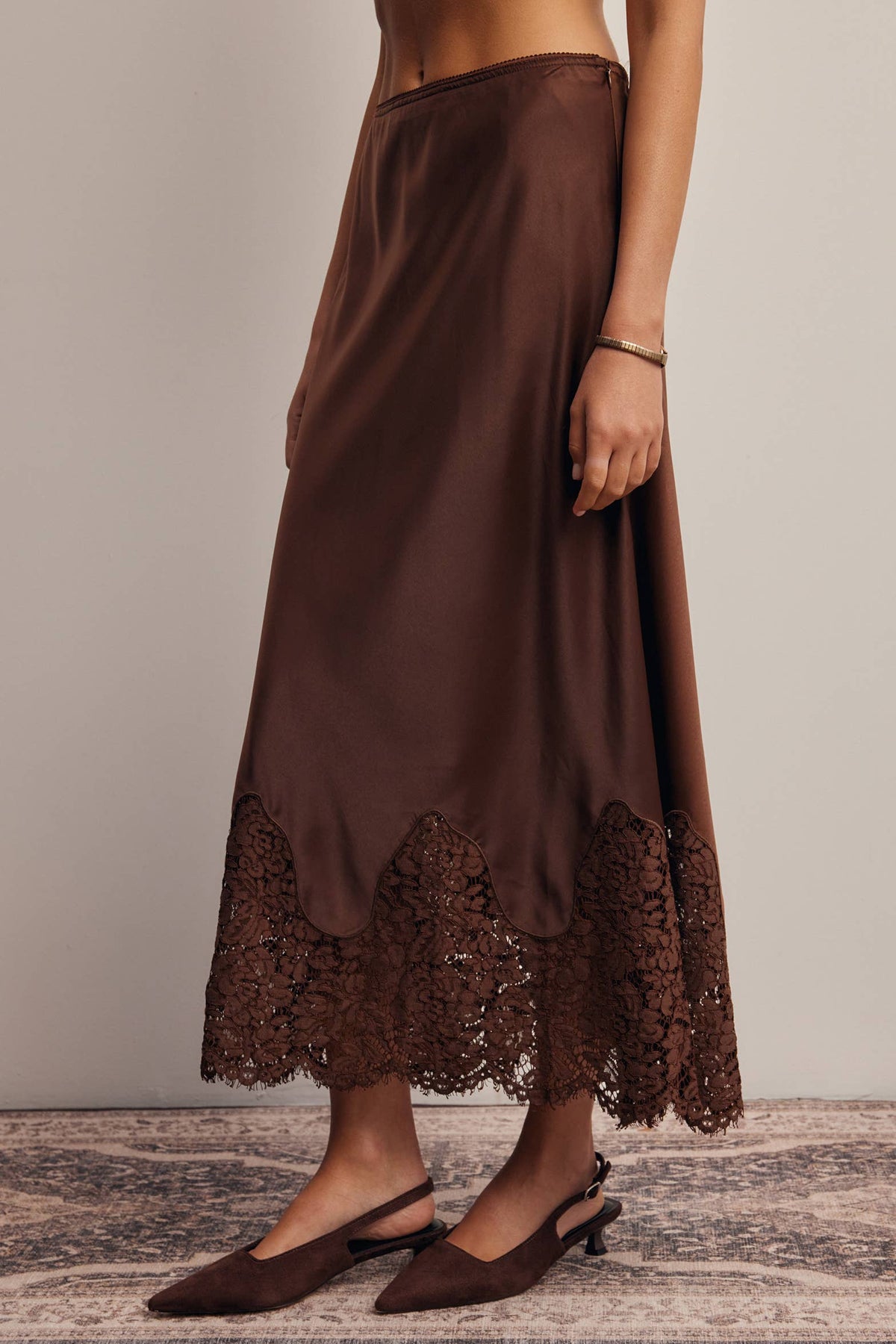 Listicle Stretch Satin Lace Trim Maxi Skirt Mocha lining adds coverage and all day comfort