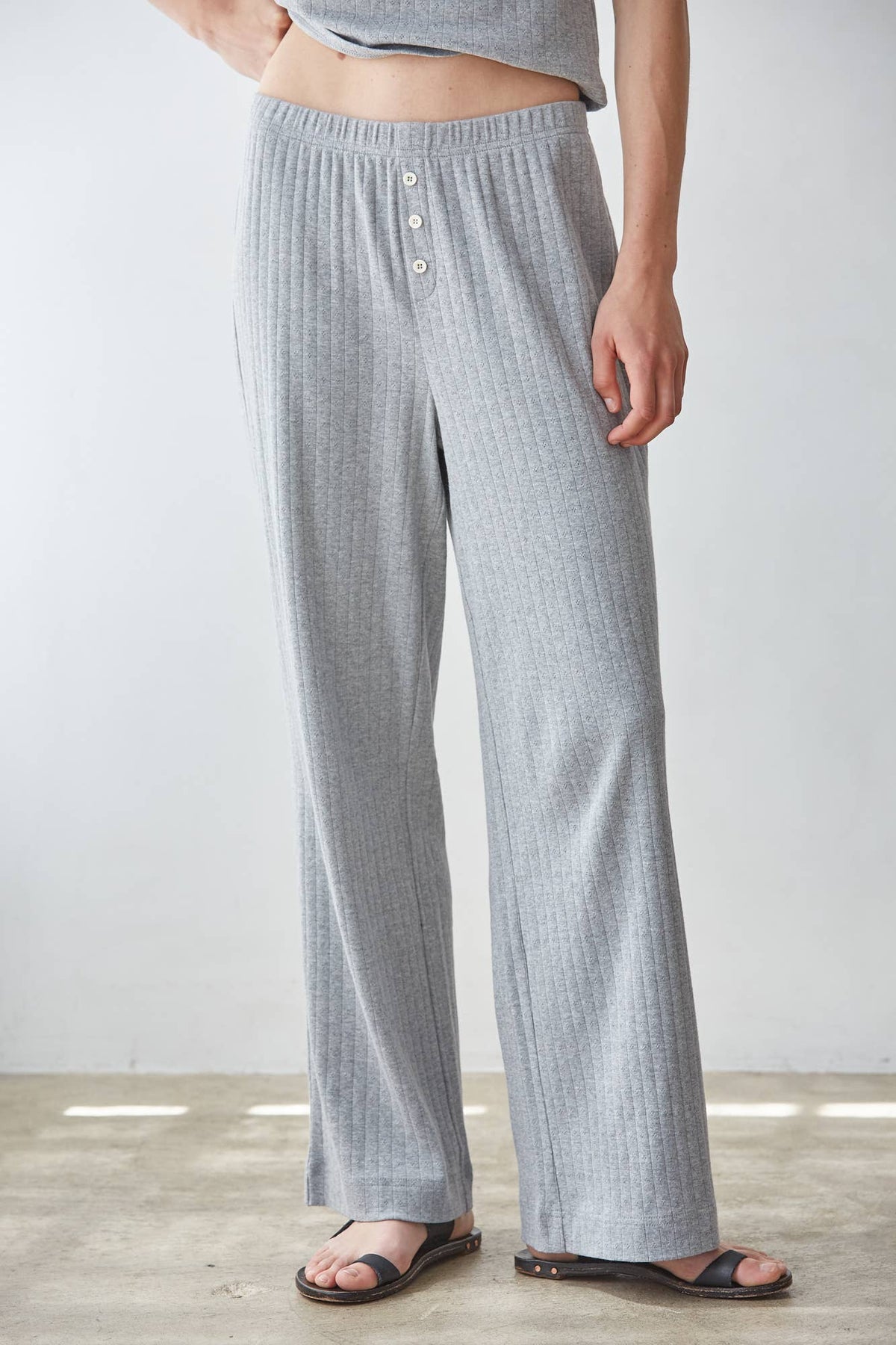 By Together Knit Cotton Pointelle Wide Leg Pants heather grey pointelle knit pants with an elastic waistband womens western boutique Utah SKU L10099B1