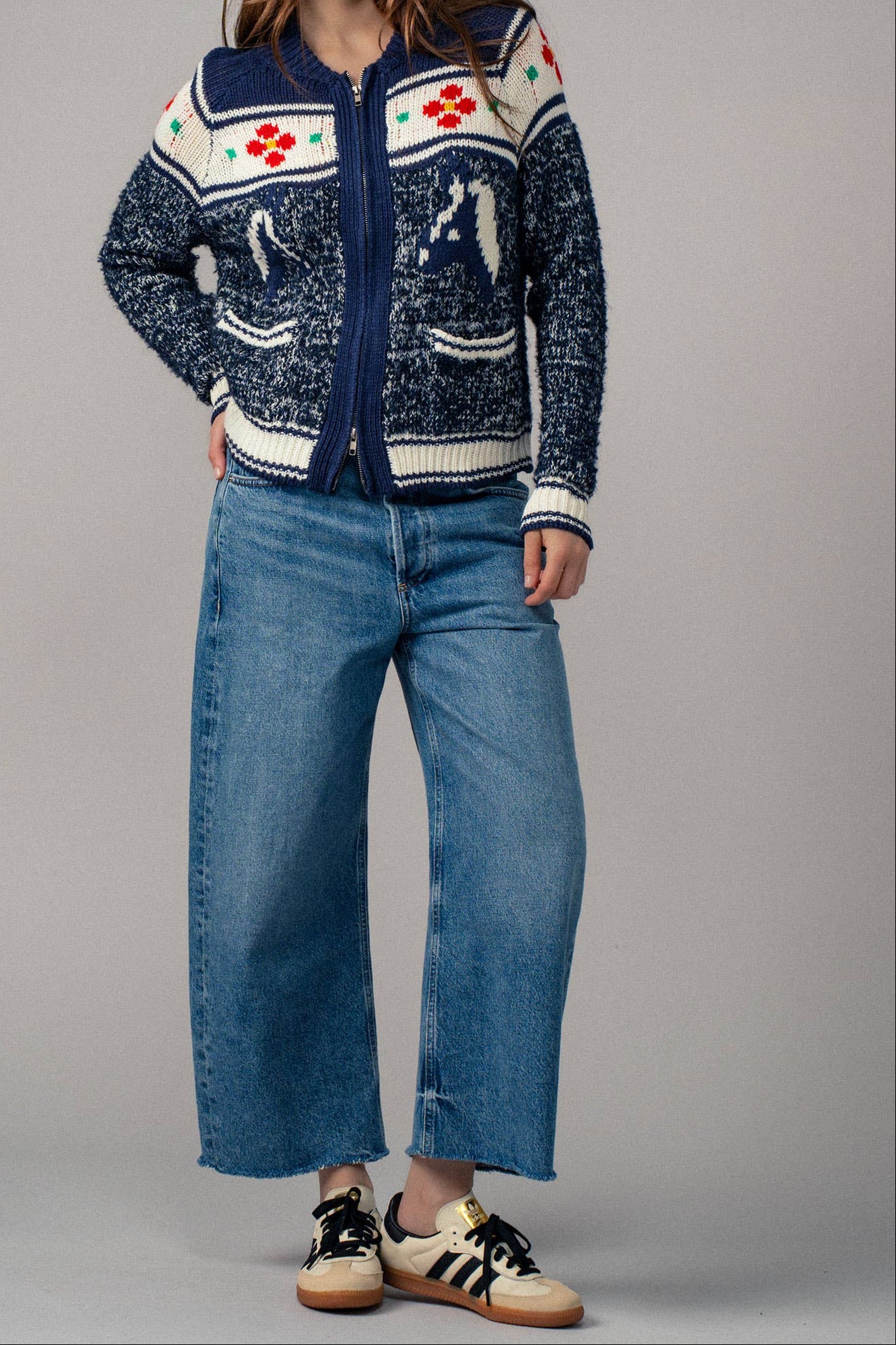 Floral Yoke Zip Up Knit Cardigan