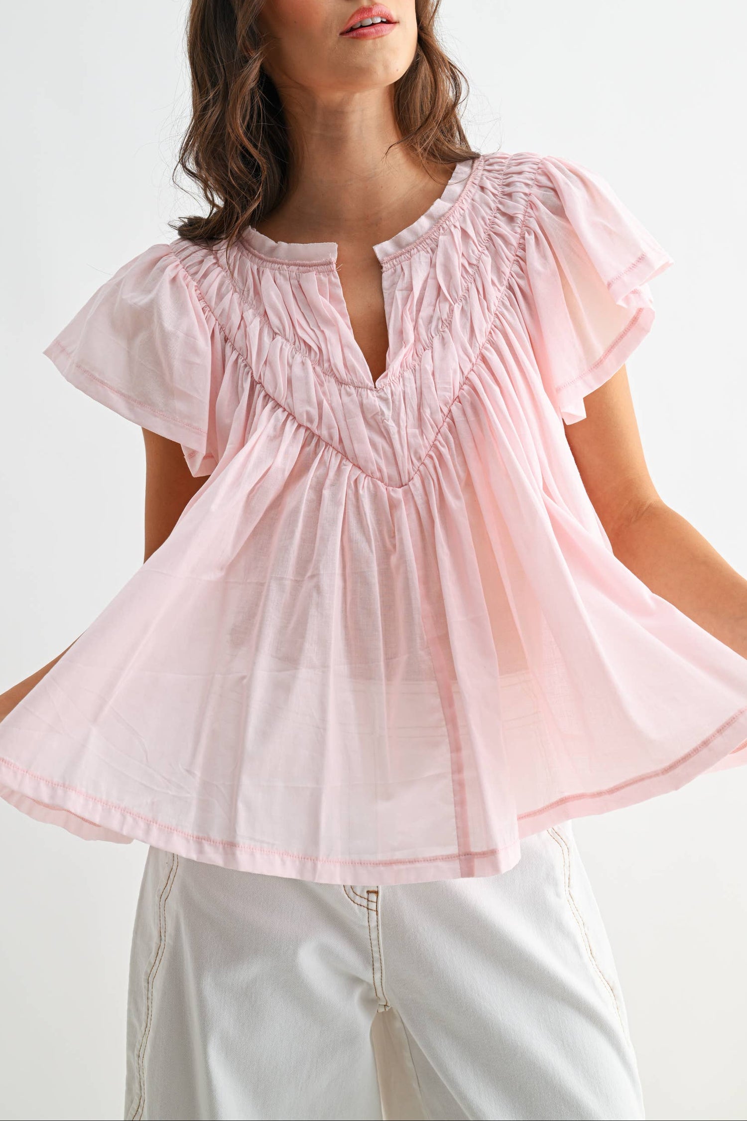 Flora Flutter Sleeve Gathered Neck Top