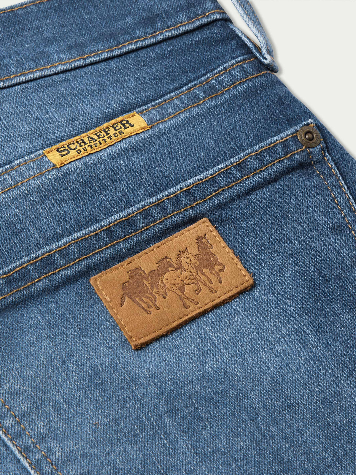Schaefer Ranch Flex Boot Cut Dungarees Colorado leather style logo patch and brass tack button western fashion Park City