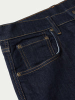 Schaefer Ranch Flex Boot Cut Dungarees Dark Rinse coin pocket with brass rivets and classic five pocket build