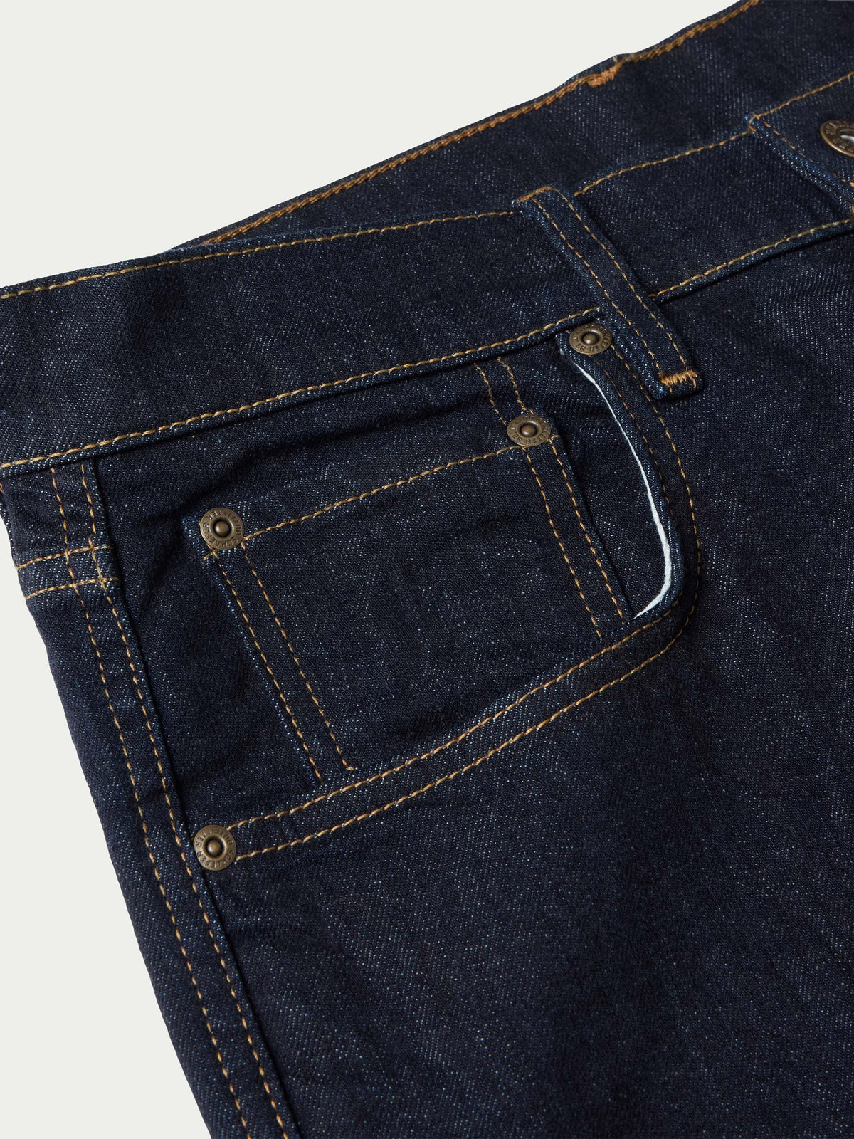 Schaefer Ranch Flex Boot Cut Dungarees Dark Rinse coin pocket with brass rivets and classic five pocket build
