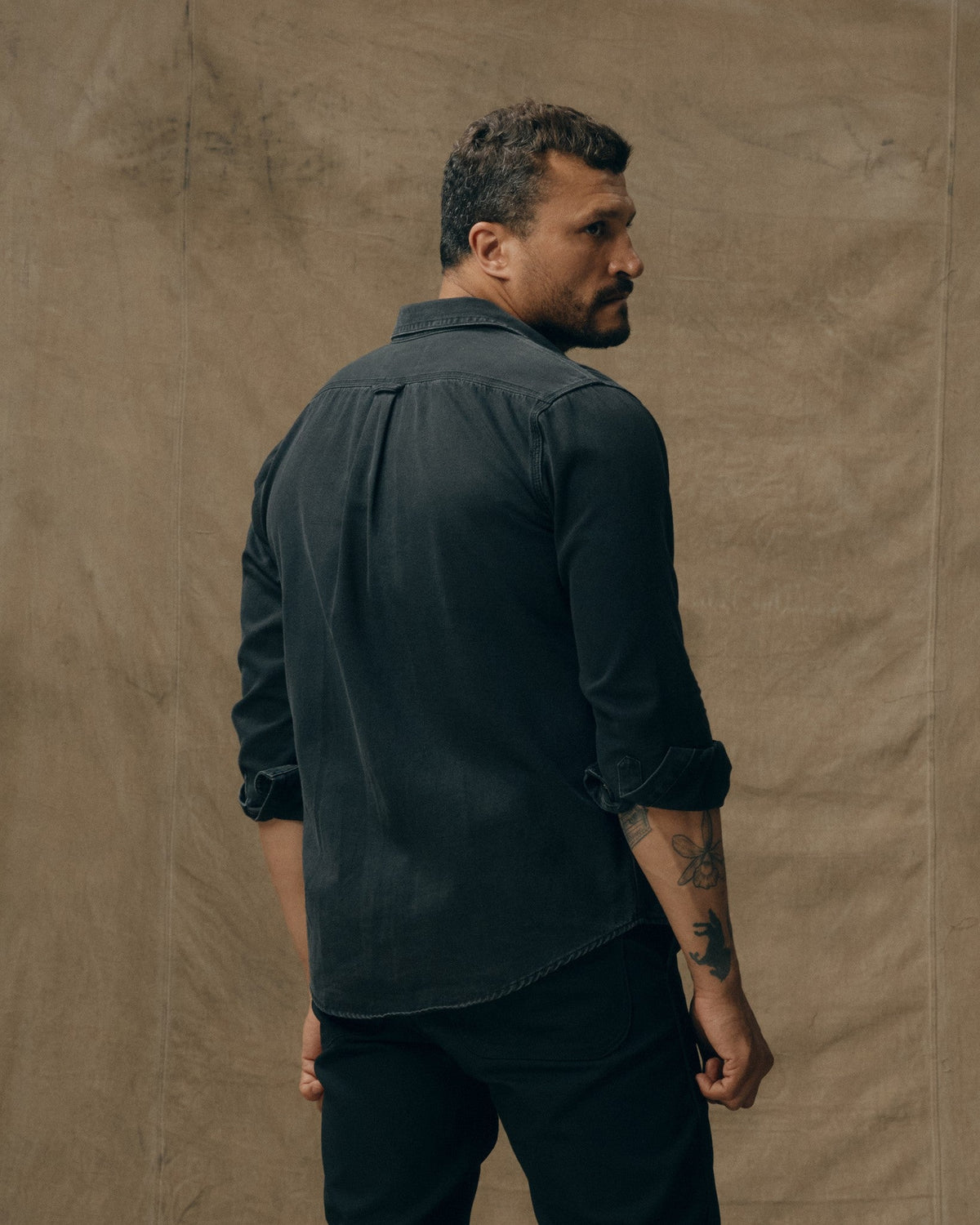 Filson Denim Guide Shirt Black relaxed fit with center back box pleat for ease of motion ranch wear