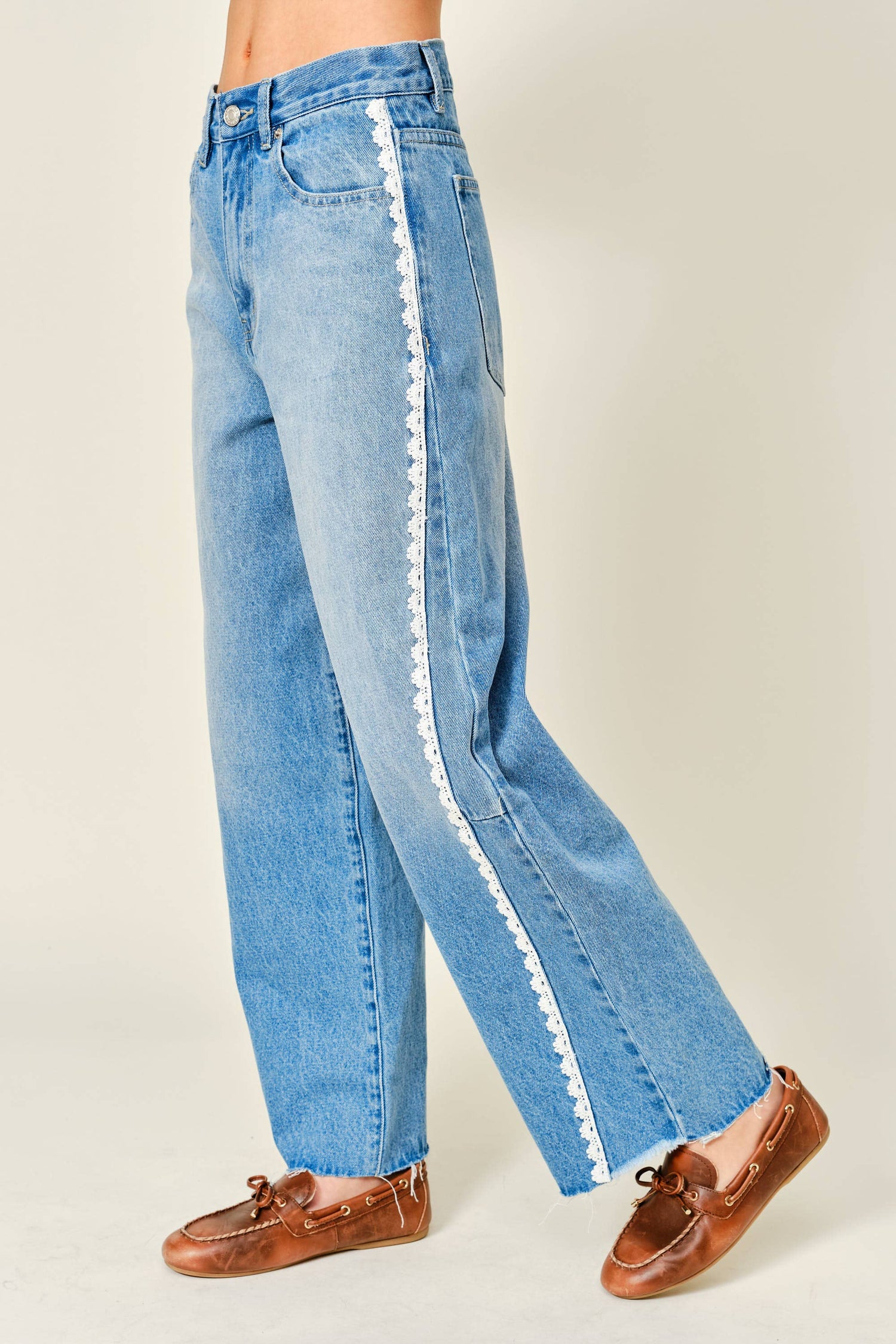 Sally Lace Side Barrel Denim Pants