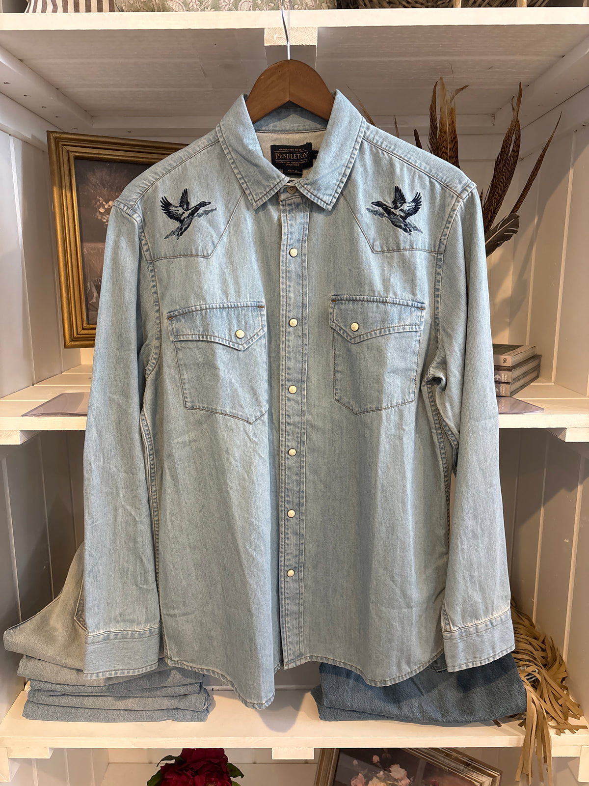 Pendleton Mens Gambler Shirt with mallard ducks light denim mens pendleton at Bolt Ranch Store