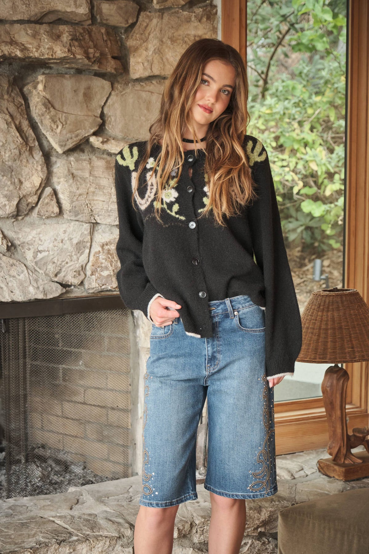 Blue B Western Graphic Sweater Cardigan Charcoal green cactus and cream horseshoe motif on a dark knit body womens western clothing