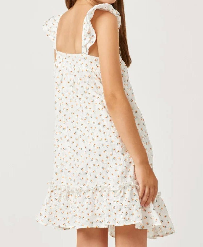 Girls Floral Flutter Shoulder Square Neck Dress