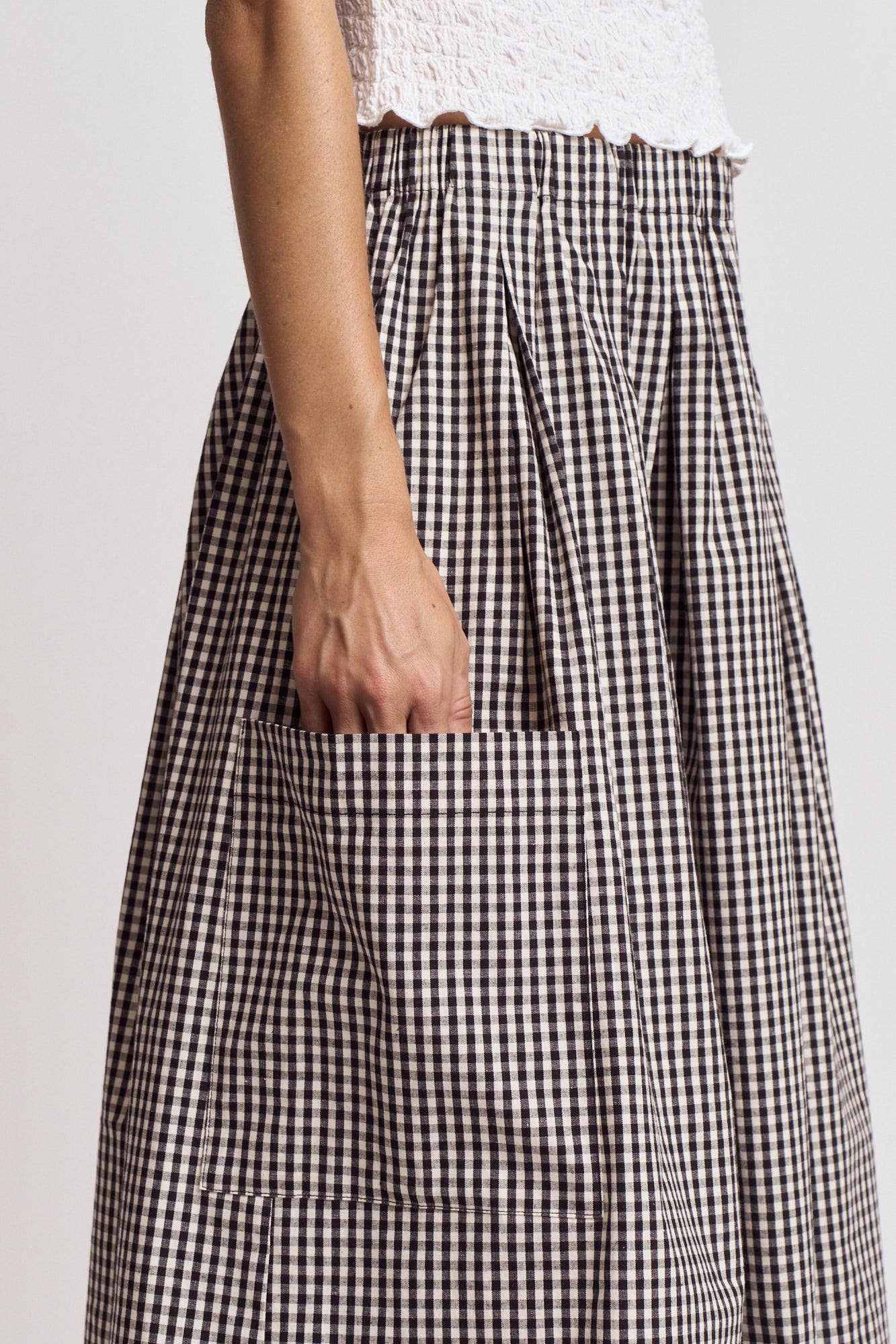 Amanda Pleat Waist Gingham Skirt black and white plaid gingham ballerina farms skirt clothing popular viral five marys womens elastic comfortable skirt