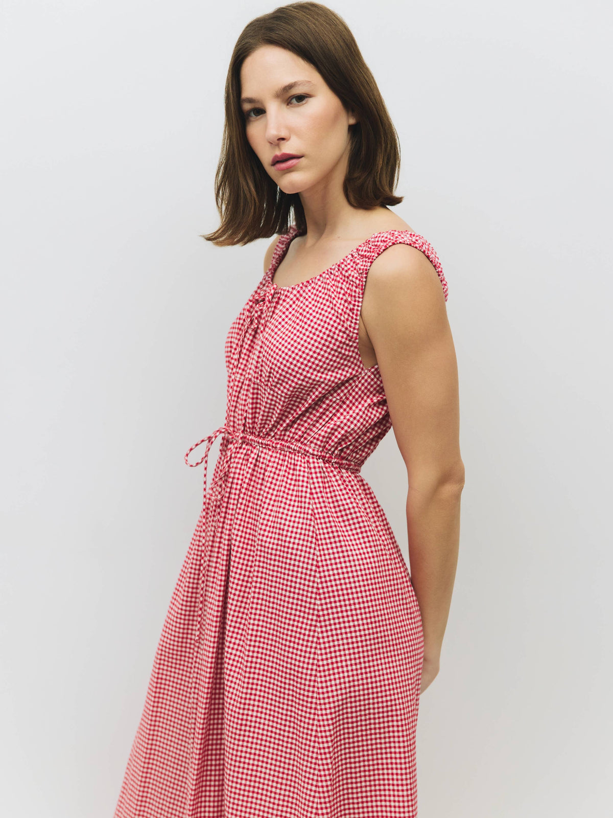 womens whitney dress gingham sleeveless tie waist button down prairie dress summer casual free shipping Boltranchstore.com