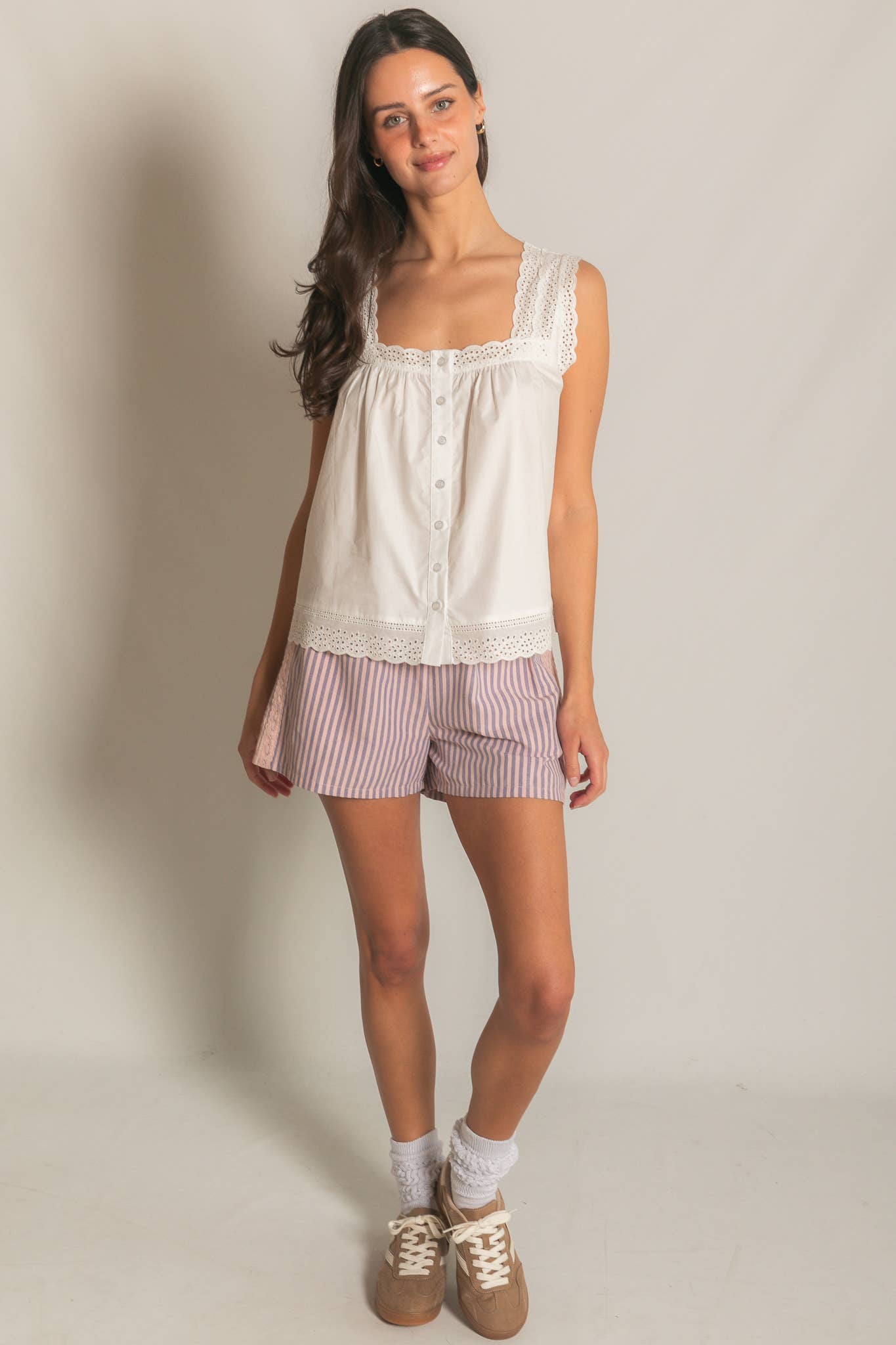 Womens Striped Lace Trim Shorts