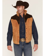 Cripple Creek Mens Suede Color Block Snap Puffer Vest Aged Cognac leather vest with sherpa lined spread collar cowboy western clothing Utah SKU ML10361311