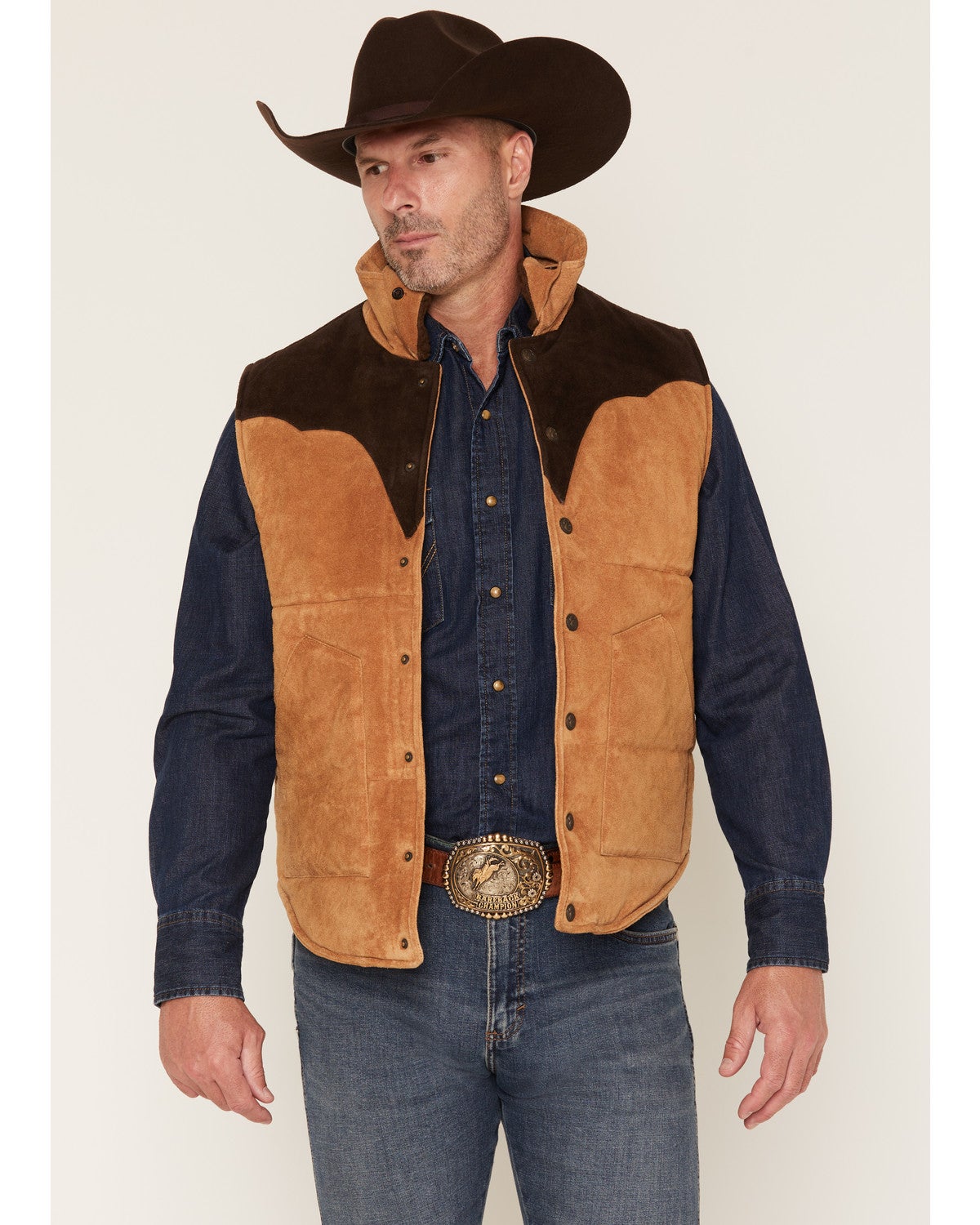 Cripple Creek Mens Suede Color Block Snap Puffer Vest Aged Cognac leather vest with sherpa lined spread collar cowboy western clothing Utah SKU ML10361311
