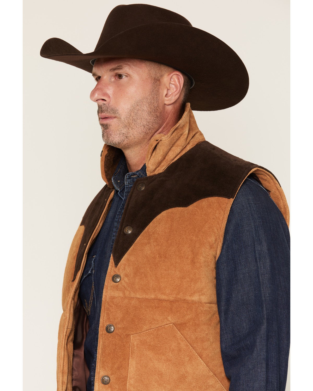 Cripple Creek Mens Suede Color Block Snap Puffer Vest Aged Cognac sleeveless cut with snap placket front ranch wear