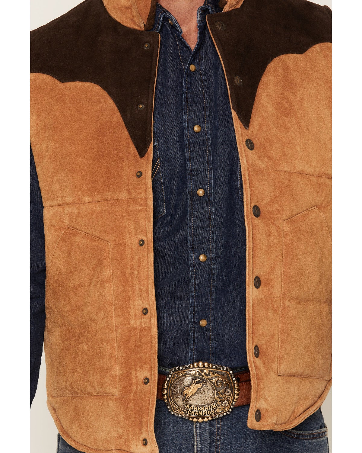 Cripple Creek Mens Suede Color Block Snap Puffer Vest Aged Cognac brown quilted body with tan color block western yokes