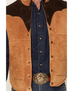Cripple Creek Mens Suede Color Block Snap Puffer Vest Aged Cognac brown quilted body with tan color block western yokes