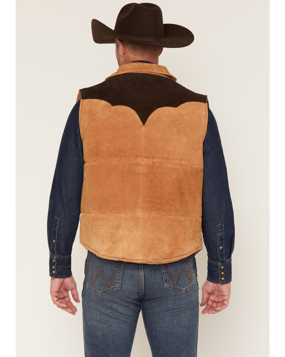 Cripple Creek Mens Suede Color Block Snap Puffer Vest Aged Cognac two patch handwarmer pockets for layering at the rodeo Park City Kamas