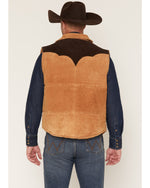 Cripple Creek Mens Suede Color Block Snap Puffer Vest Aged Cognac two patch handwarmer pockets for layering at the rodeo Park City Kamas